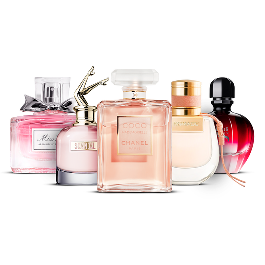 Combinație de 5 parfumuri pentru femei – Miss Dior Absolutely Blooming, Scandal, Coco Mademoiselle, Nomade și Black XS [100 ml fiecare]