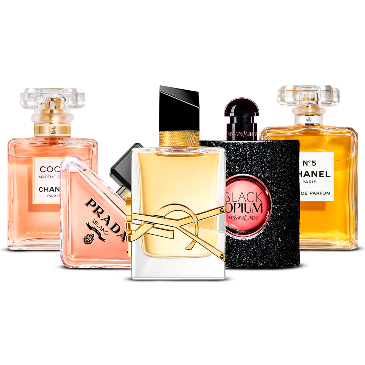 Combinație de 5 parfumuri pentru femei – Coco Mademoiselle, Prada Paradoxe, Libre, Black Opium și Chanel N°5 [100 ml fiecare]