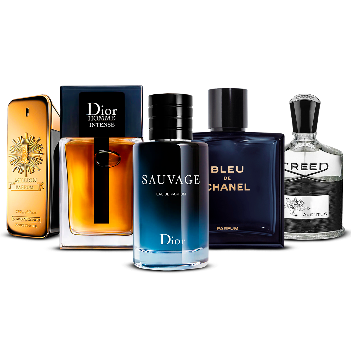 Combinație de 5 parfumuri pentru bărbați – 1 Million, Dior Homme Intense, Sauvage, Bleu de Chanel și Creed Aventus [100 ml fiecare]