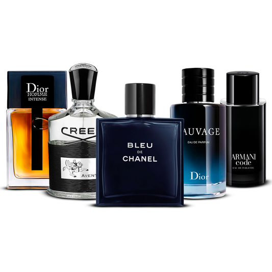 Combinație de 5 parfumuri pentru bărbați – Dior Homme Intense, Creed Aventus, Bleu de Chanel, Sauvage și Armani Code [100 ml fiecare]
