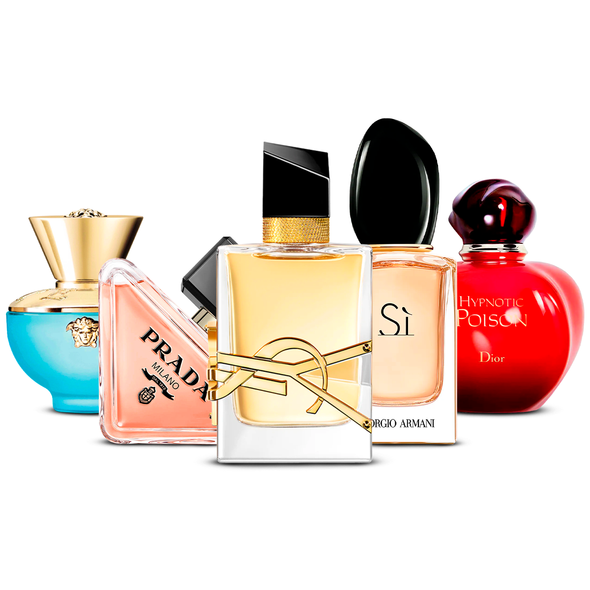Combinație de 5 parfumuri pentru femei – Versace Dylan Turquoise, Prada Paradoxe, Yves Saint Laurent Libre, Giorgio Armani Sì și Dior Hypnotic Poison [100 ml fiecare]