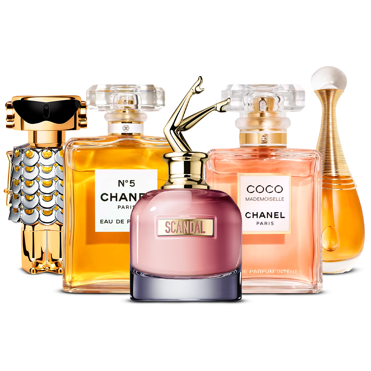 Combinație de 5 parfumuri pentru femei – Fame, Chanel Nº5, Scandal, Coco Mademoiselle și J'adore [100 ml fiecare]