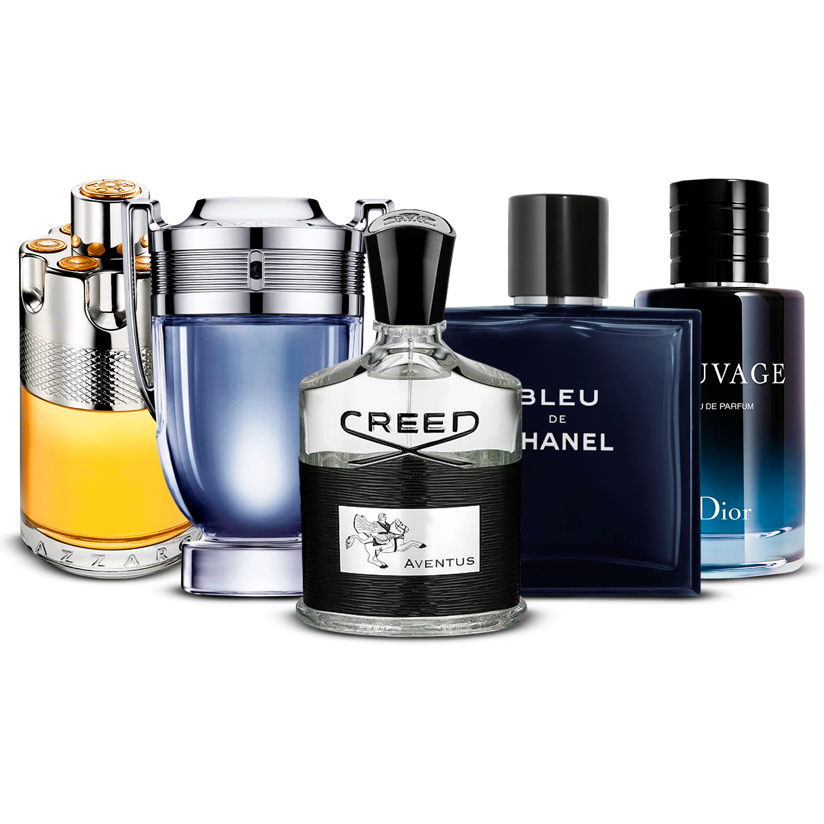 Combinație de 5 parfumuri pentru bărbați – Azzaro Wanted, Invictus, Creed Aventus, Bleu de Chanel și Sauvage [100 ml fiecare]