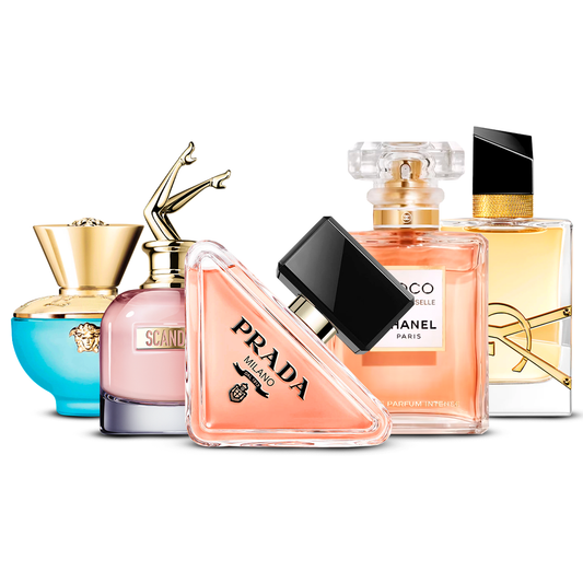 Combinație de 5 parfumuri pentru femei – Versace Dylan Turquoise, Scandal, Prada Paradoxe, Coco Mademoiselle și Yves Saint Laurent Libre [100 ml fiecare]