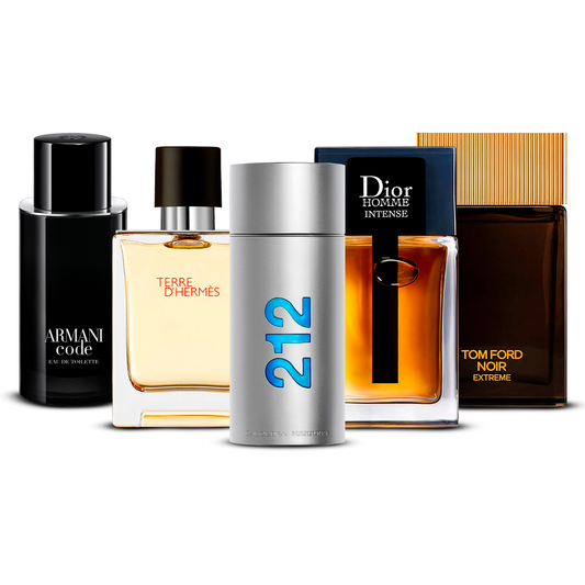 Combinație de 5 parfumuri pentru bărbați – Armani Code, Terre d'Hermès, 212 Men, Dior Homme Intense și Tom Ford Noir Extrême [100 ml fiecare]