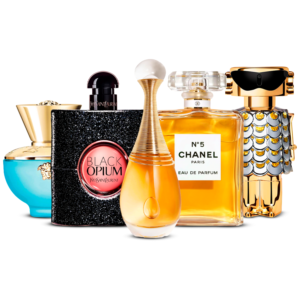 Combinație de 5 parfumuri pentru femei – Versace Dylan Turquoise, Black Opium, J'adore, Chanel Nº5 și Fame [100 ml fiecare]