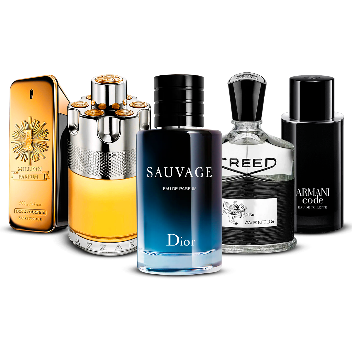Combinație de 5 parfumuri pentru bărbați – 1 Million, Azzaro Wanted, Sauvage, Creed Aventus și Armani Code [100 ml fiecare]