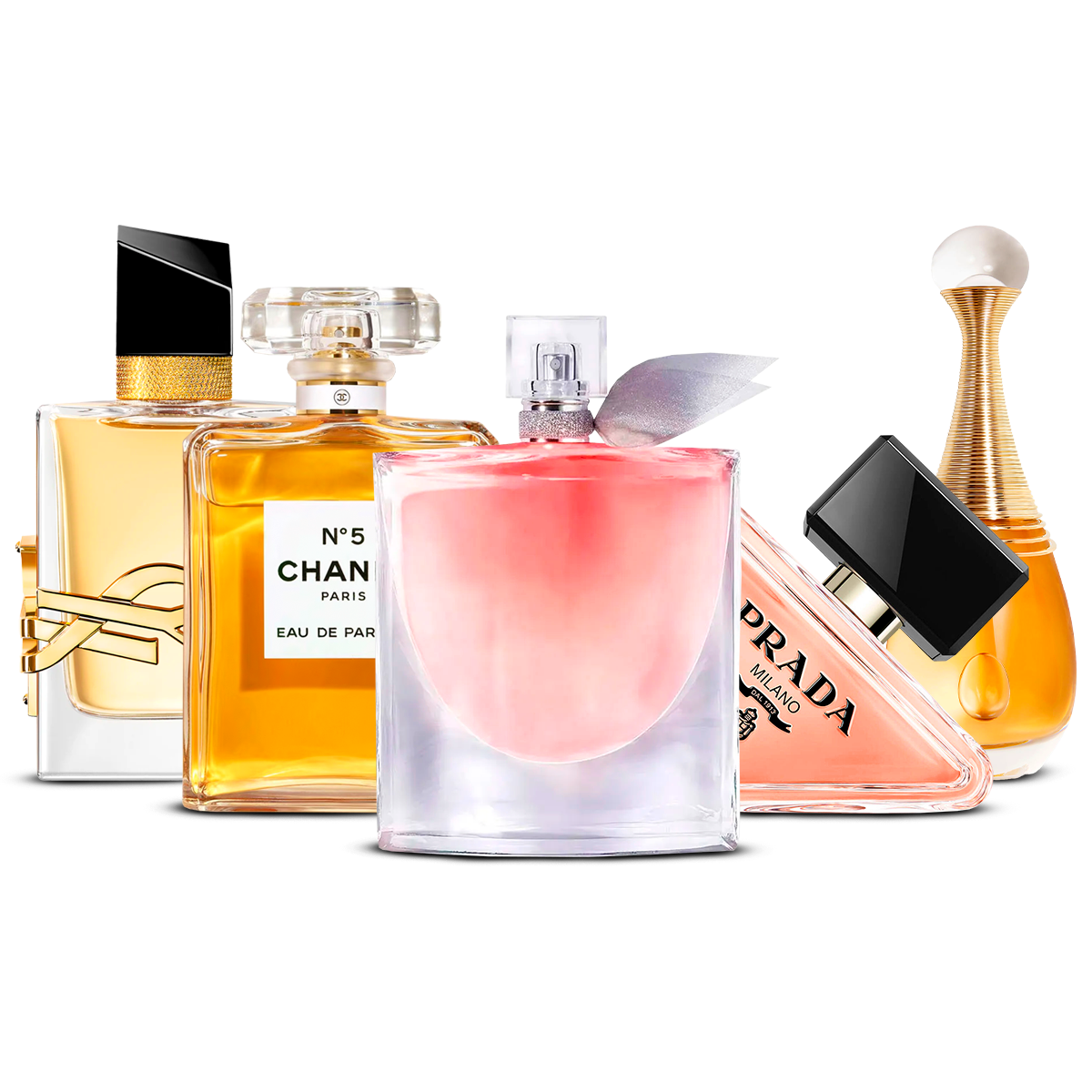 Combinație de 5 parfumuri pentru femei – Yves Saint Laurent Libre, Chanel Nº5, La Vie Est Belle, Prada Paradoxe și J'adore [100 ml fiecare]
